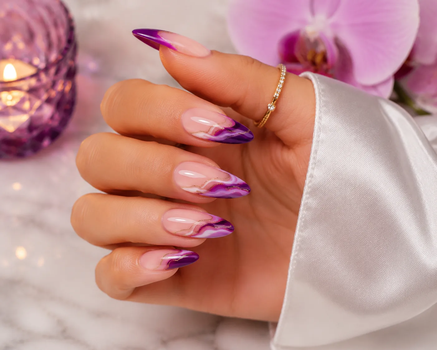 Purple and gold marble nail art on almond nails at Durbin Nail Spa